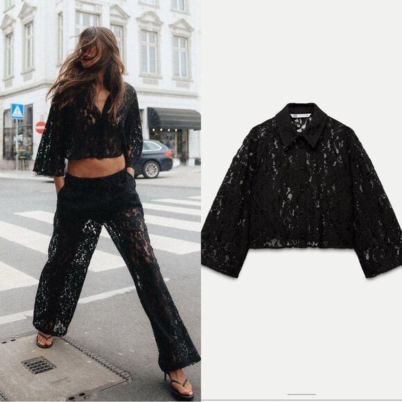 Zara Tops - Zara Sheer Lace Black Crop Top Size XS